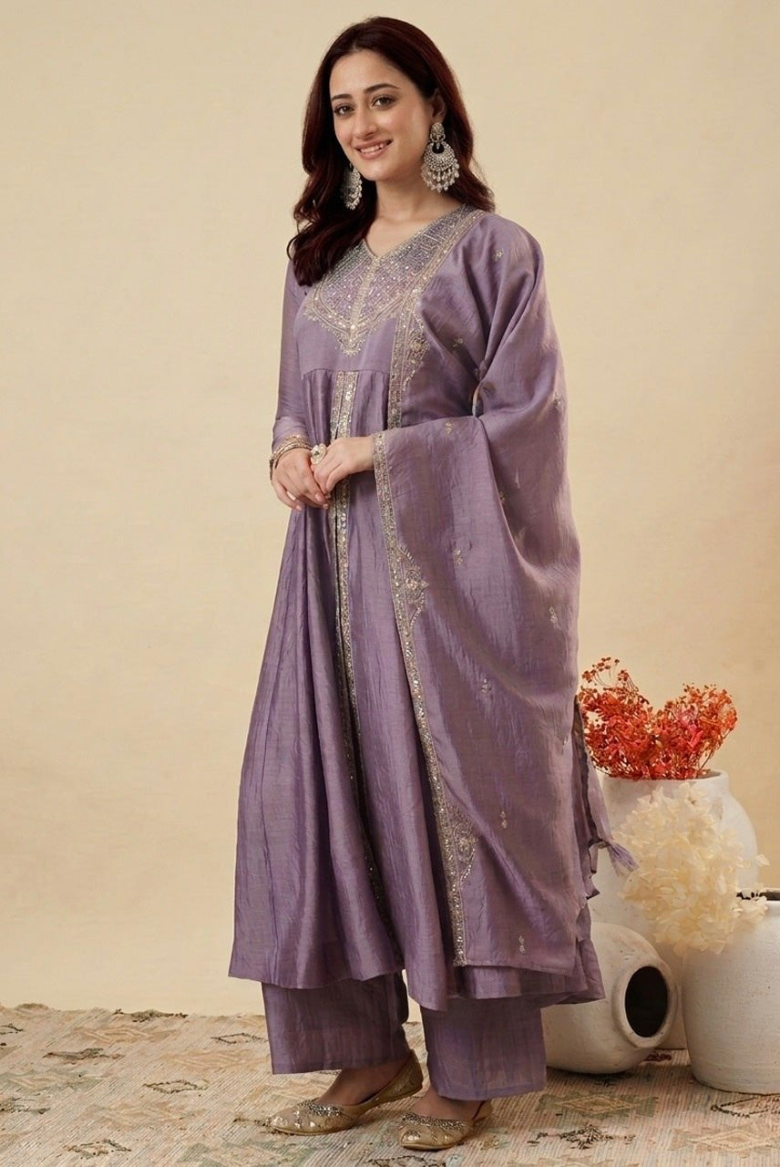 Lavender Embroidered A-Line Kurta Palazzo Set with Dupatta