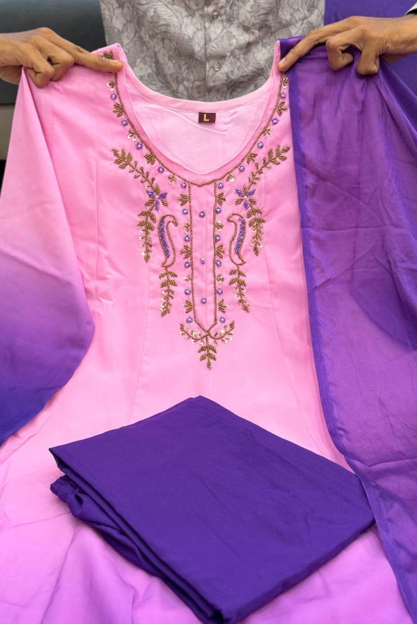 Pink Purple Ombre Embroidered Anarkali Kurta Set with Dupatta
