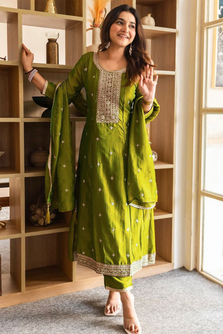 Olive Green Embroidered Kurta Set with Dupatta