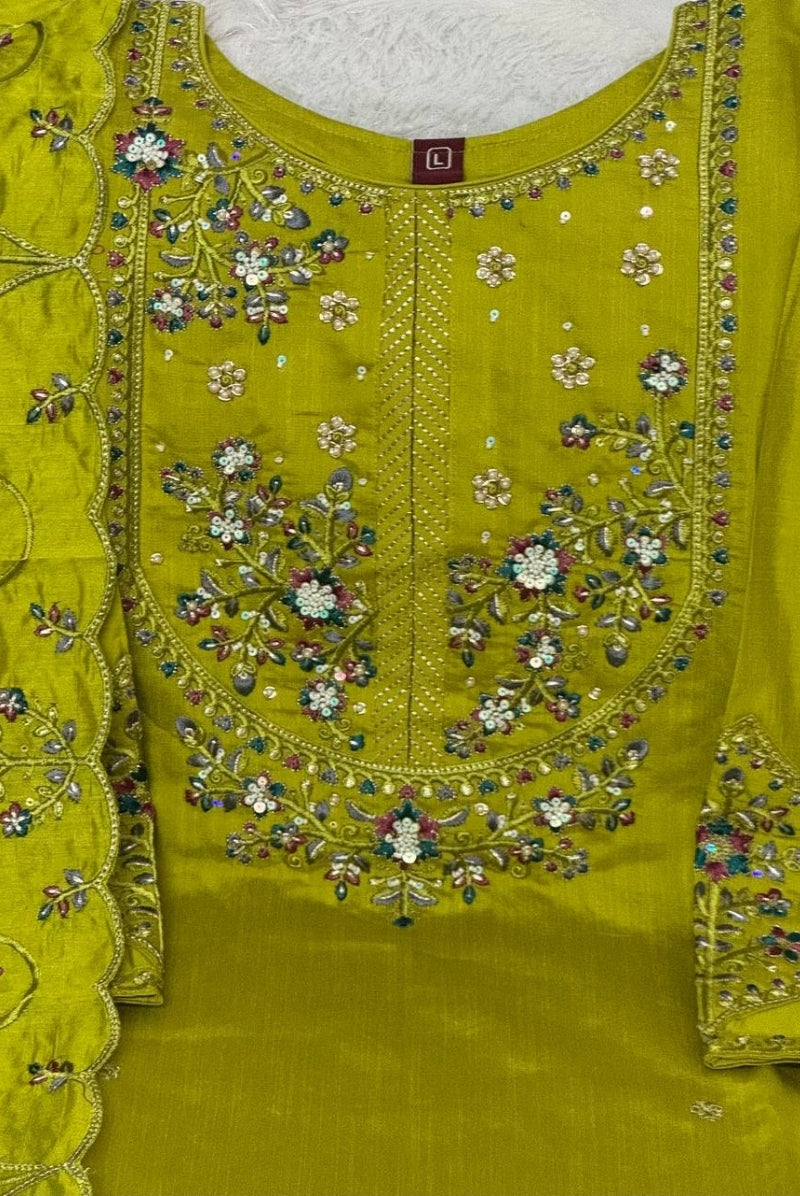 Lime Green Marina Silk Embroidered Suit Set with Dupatta