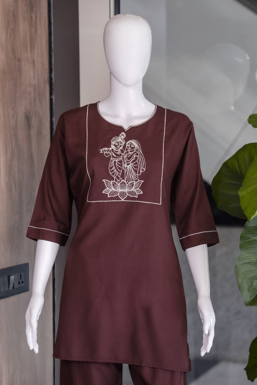 Coffee Brown Embroidered Co-Ord Set for Women