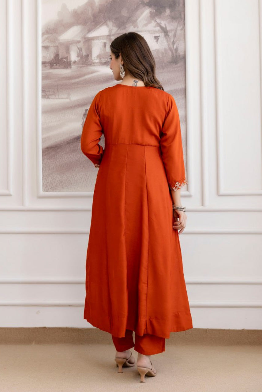 Rust Orange Embroidered A-Line Kurta Set with Dupatta