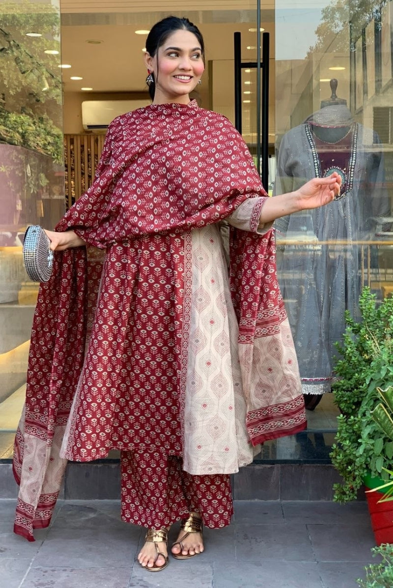 Maroon Printed Jaipur Cotton Suit Set with Dupatta