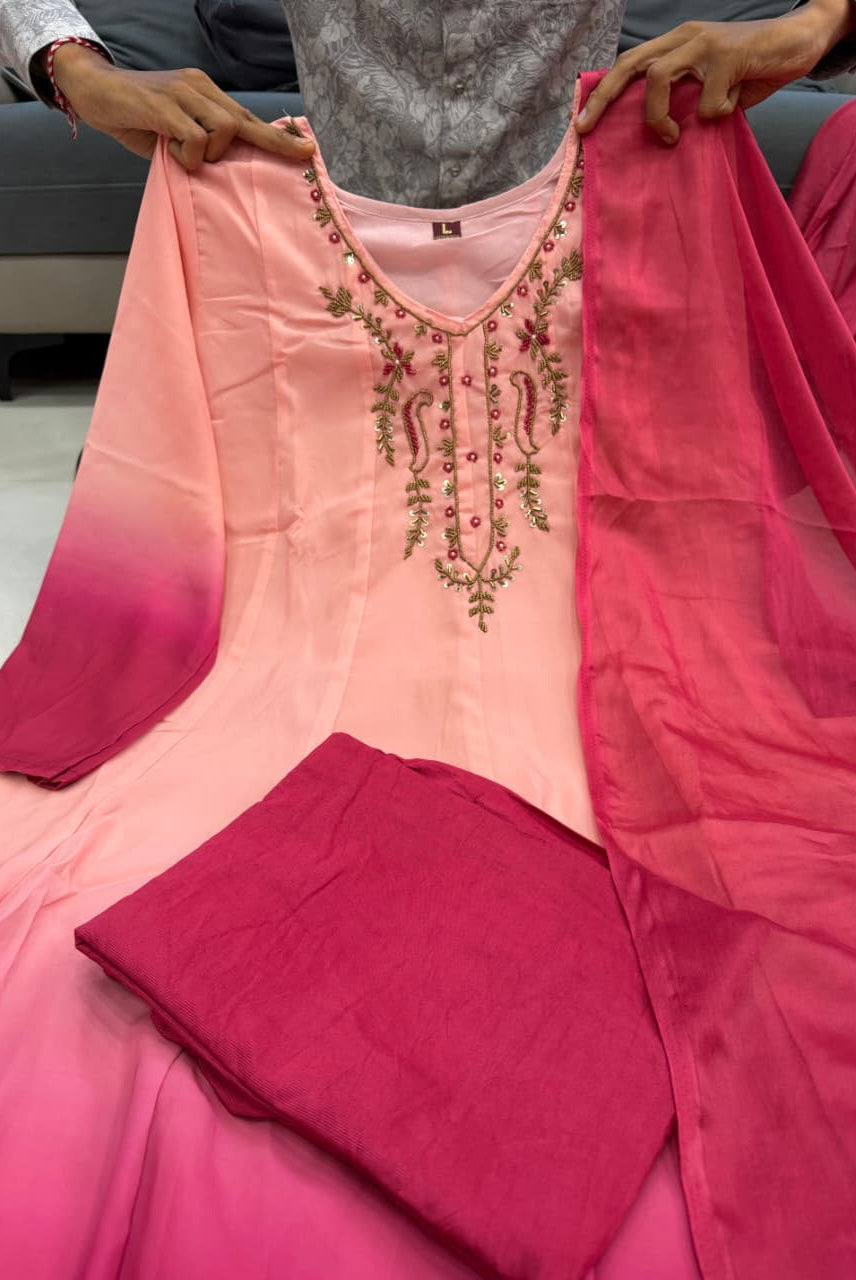 Ombre Pink Embroidered Anarkali Kurta Set with Dupatta