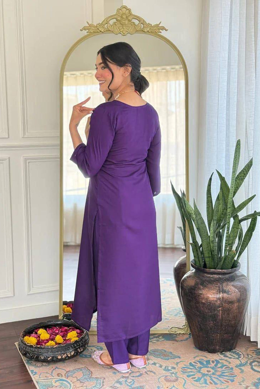 Royal Purple Embroidered Kurta Pant Set with Floral Printed Dupatta