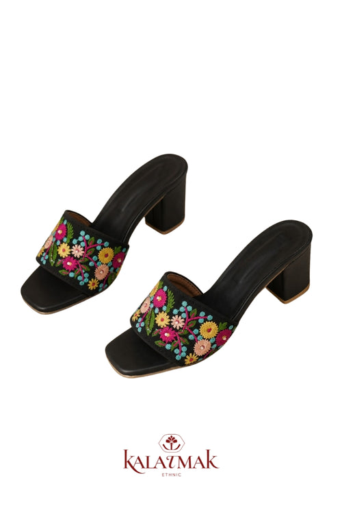 Black Multicolour Floral Embroidered Block Heel Sandals