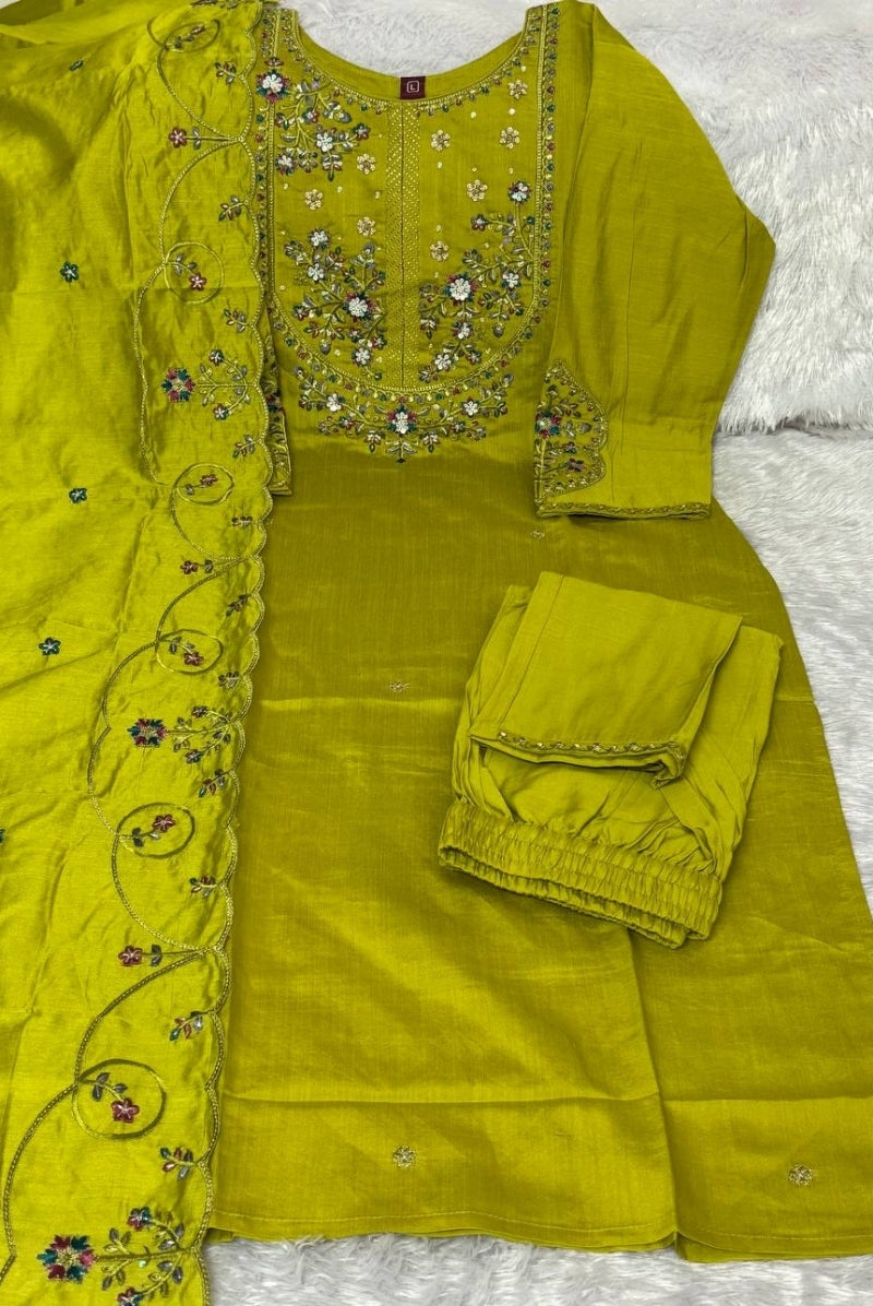 Lime Green Marina Silk Embroidered Suit Set with Dupatta