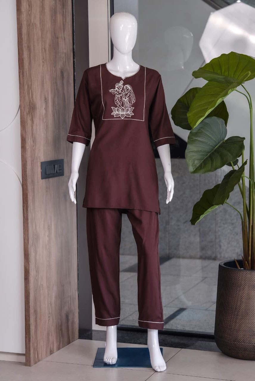 Coffee Brown Embroidered Co-Ord Set for Women
