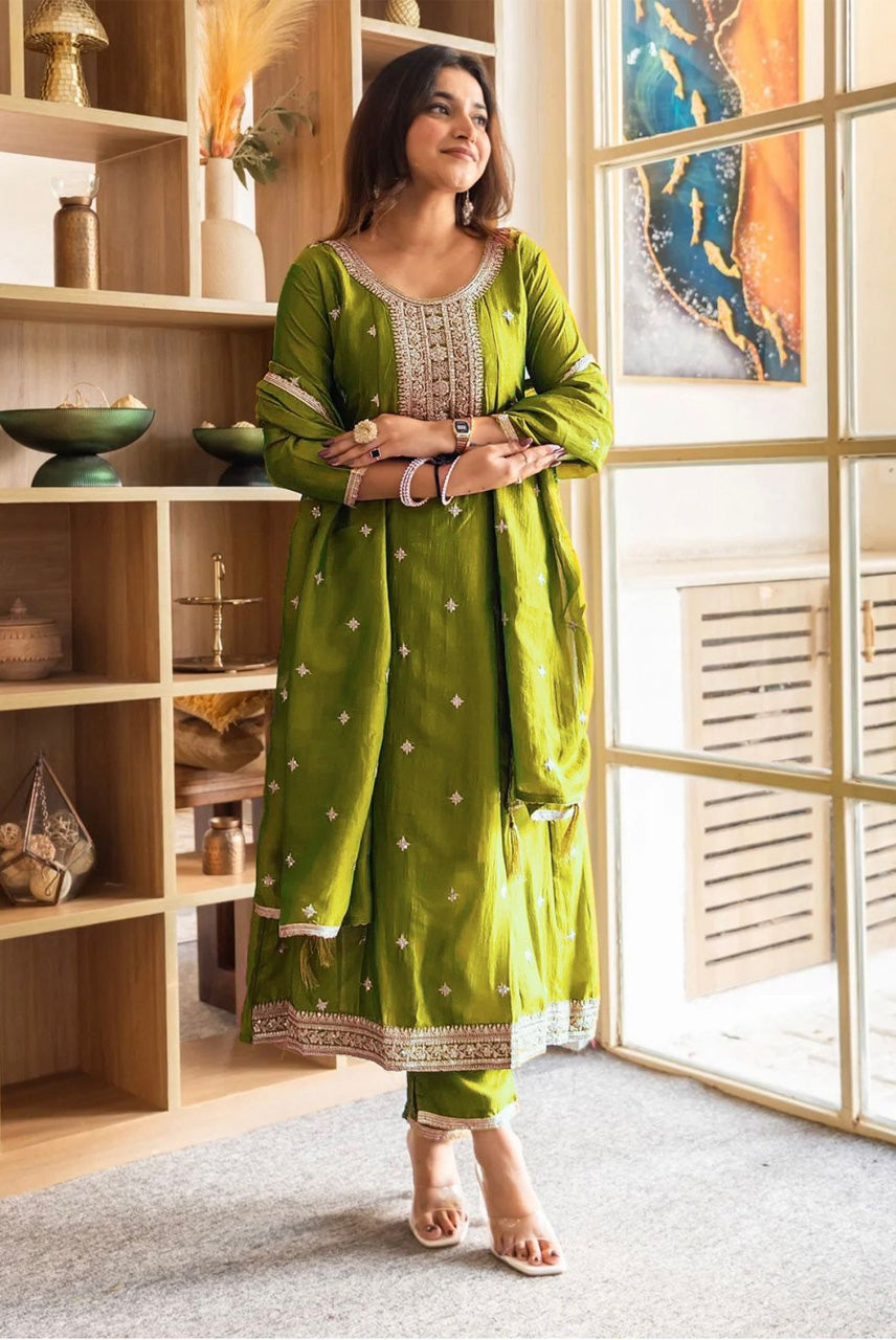 Olive Green Embroidered Kurta Set with Dupatta
