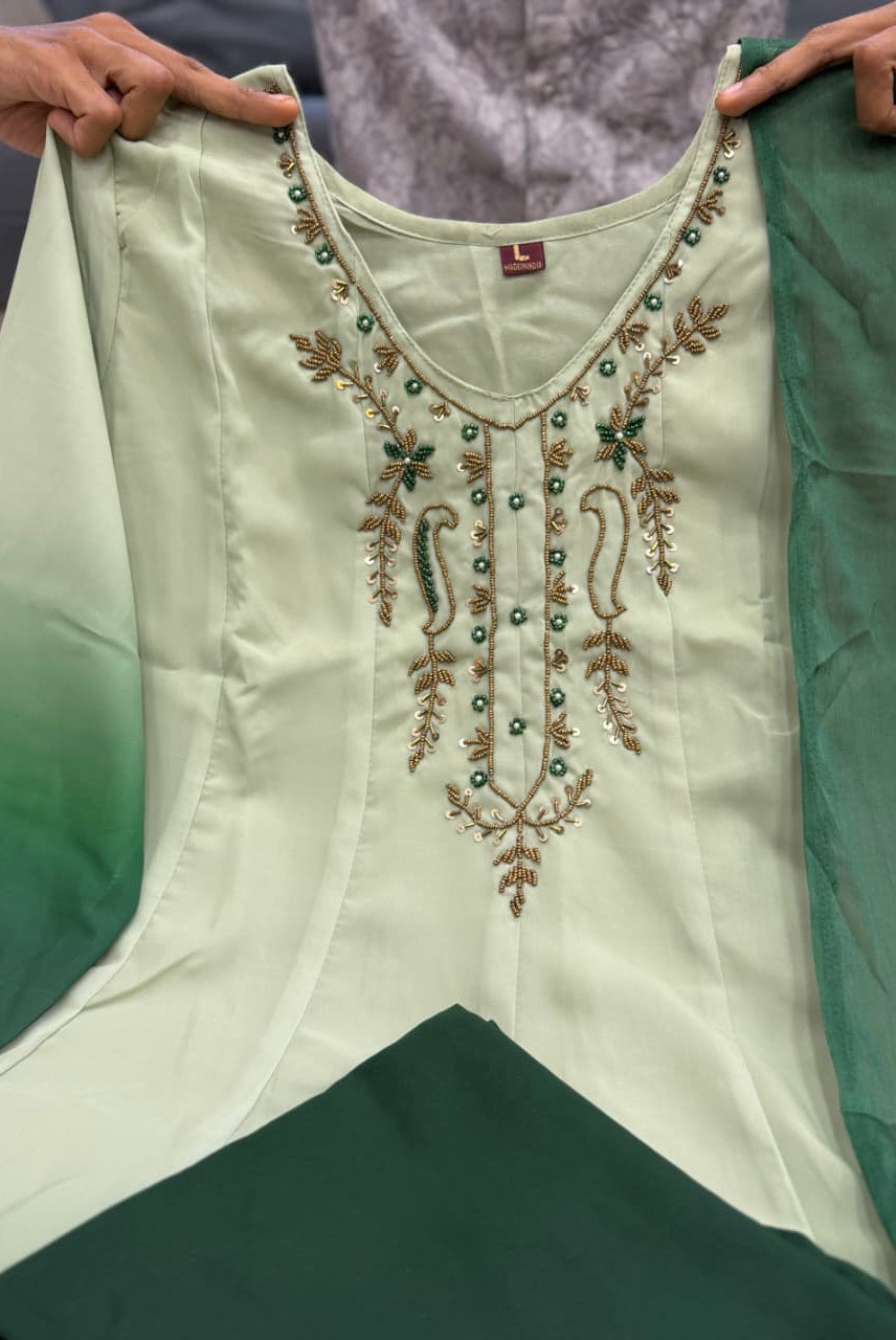 Sage Green Ombre Embroidered Anarkali Kurta Set with Dupatta