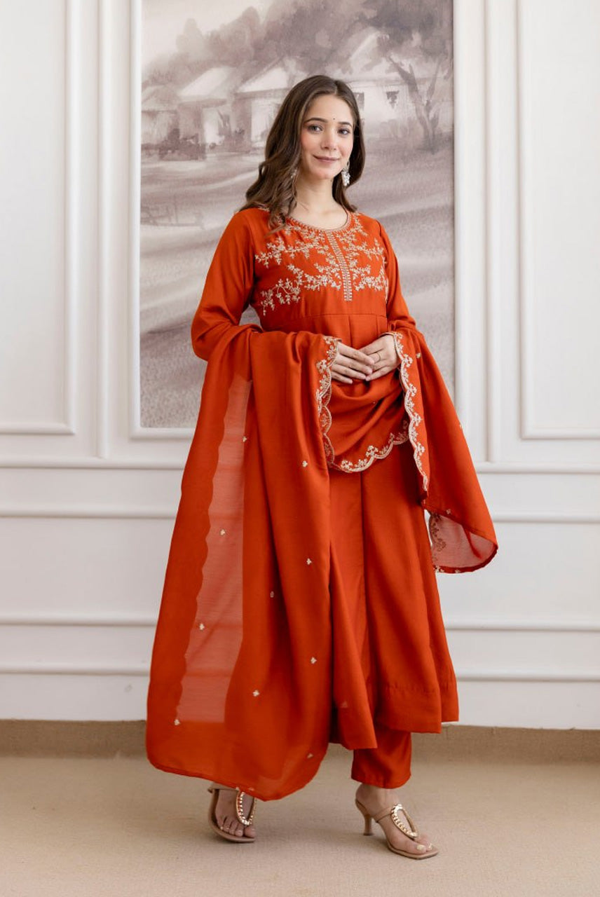 Rust Orange Embroidered A-Line Kurta Set with Dupatta
