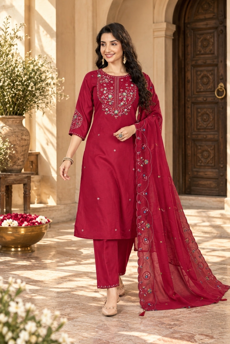 Wine Red Marina Silk Embroidered Suit Set with Dupatta
