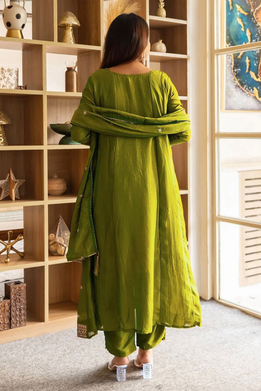 Olive Green Embroidered Kurta Set with Dupatta