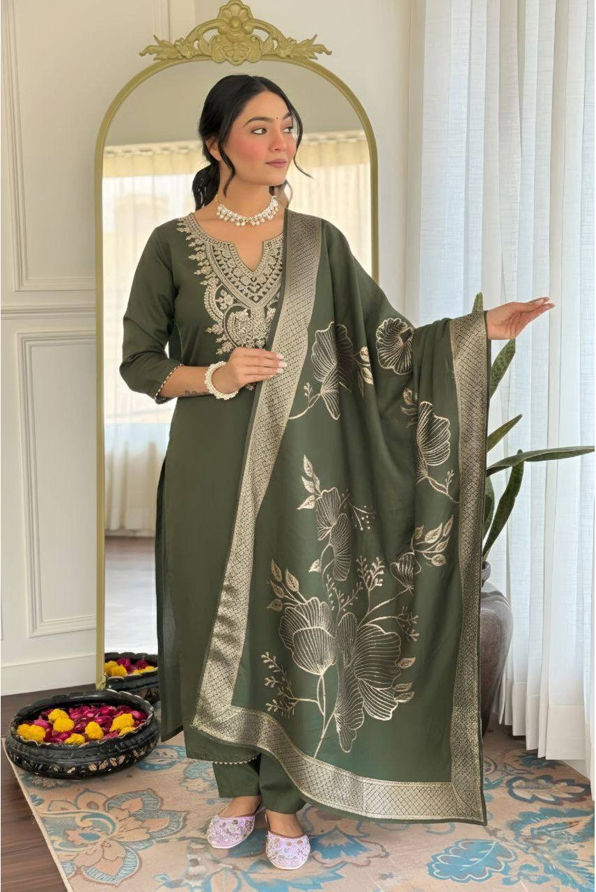Olive Green Embroidered Kurta Pant Set with Floral Printed Dupatta