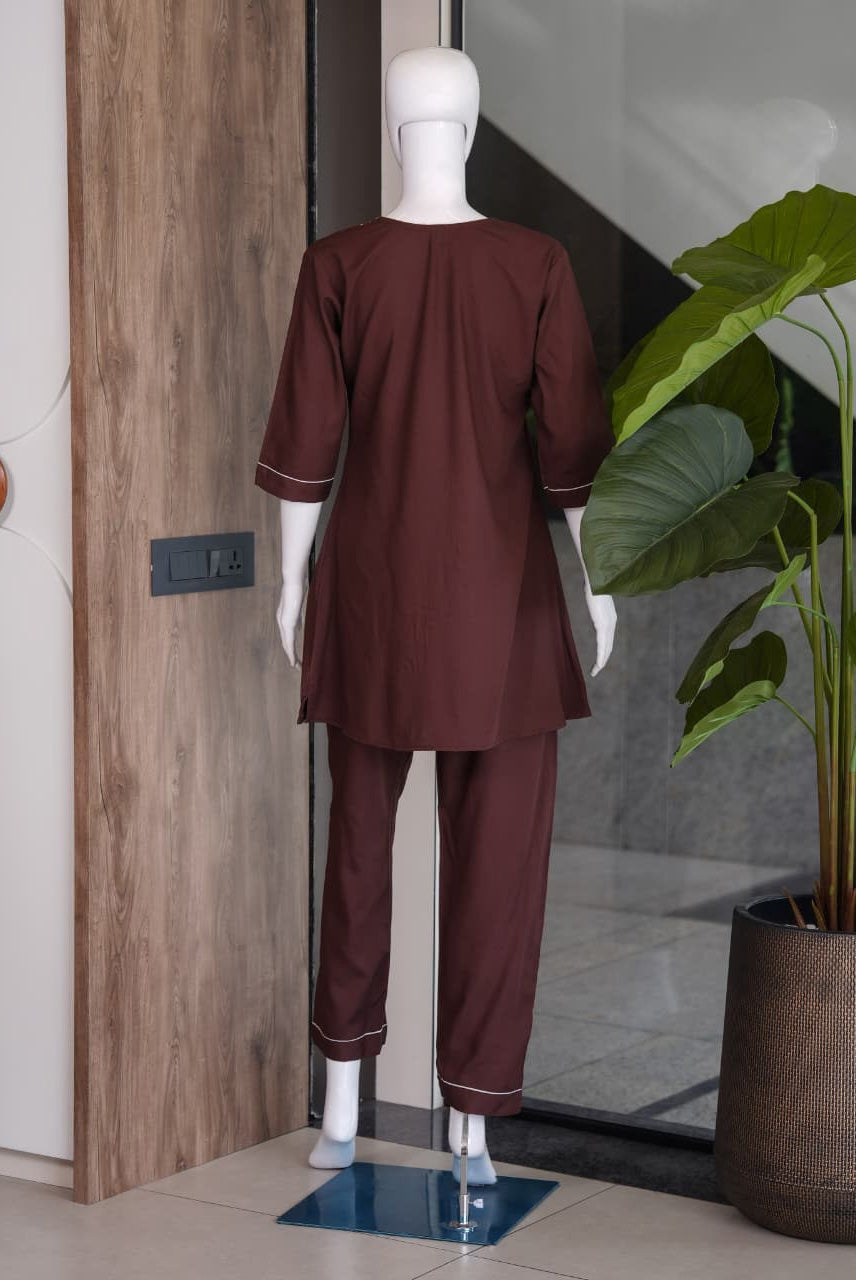 Coffee Brown Embroidered Co-Ord Set for Women