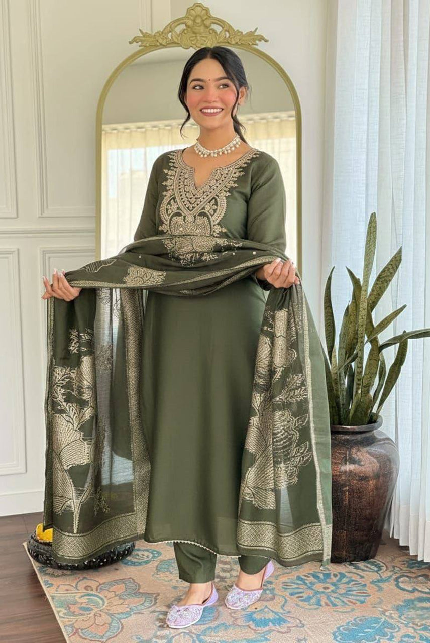 Olive Green Embroidered Kurta Pant Set with Floral Printed Dupatta