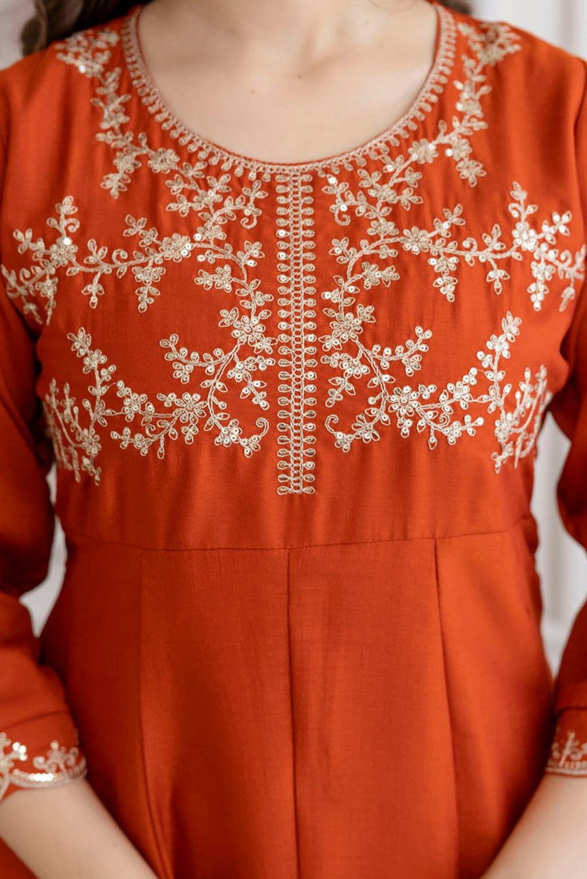 Rust Orange Embroidered A-Line Kurta Set with Dupatta