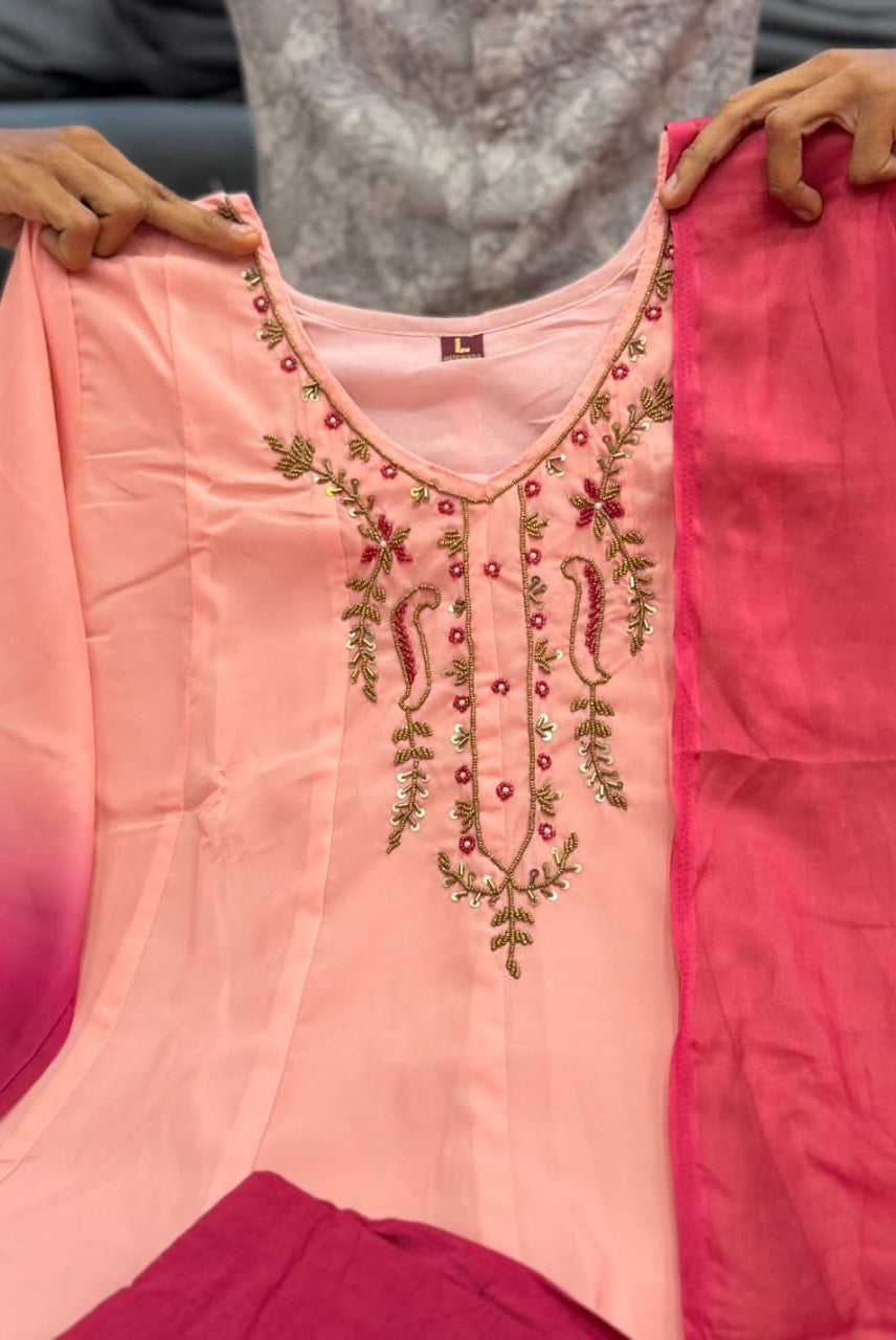 Ombre Pink Embroidered Anarkali Kurta Set with Dupatta