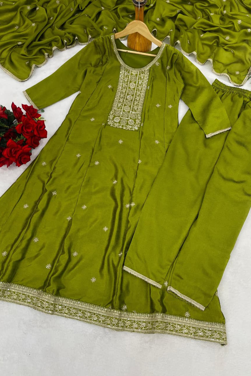 Olive Green Embroidered Kurta Set with Dupatta