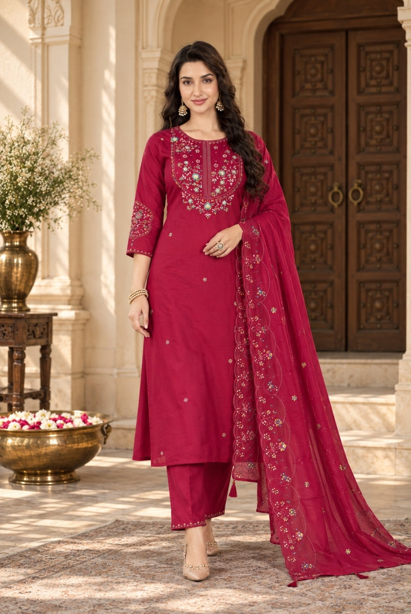 Wine Red Marina Silk Embroidered Suit Set with Dupatta