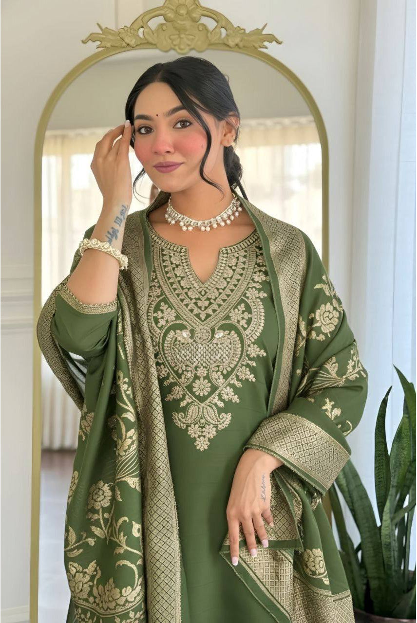 Olive Green Embroidered Kurta Pant Set with Floral Printed Dupatta