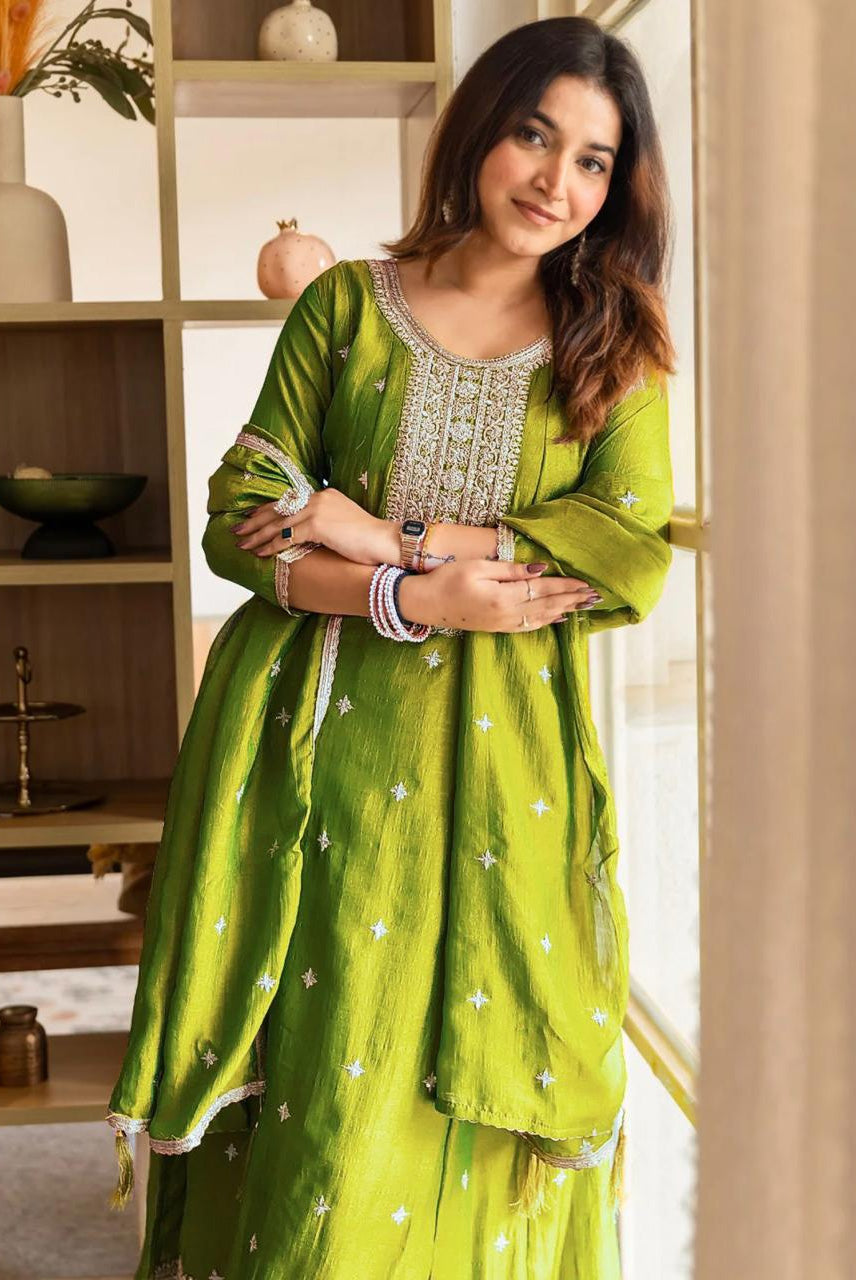Olive Green Embroidered Kurta Set with Dupatta