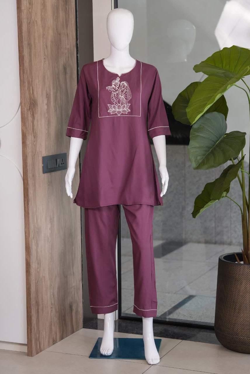 Plum Purple Embroidered Co-Ord Set for Women