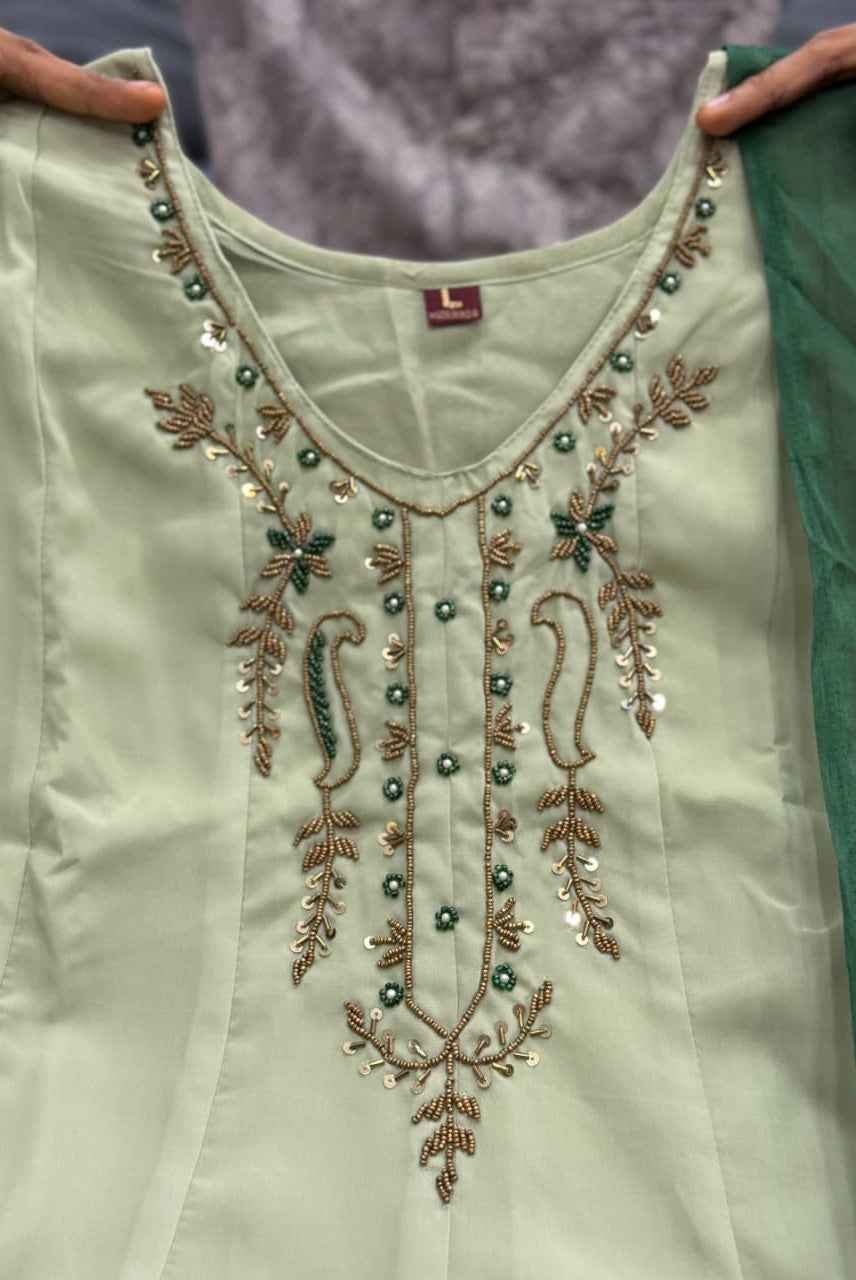 Sage Green Ombre Embroidered Anarkali Kurta Set with Dupatta