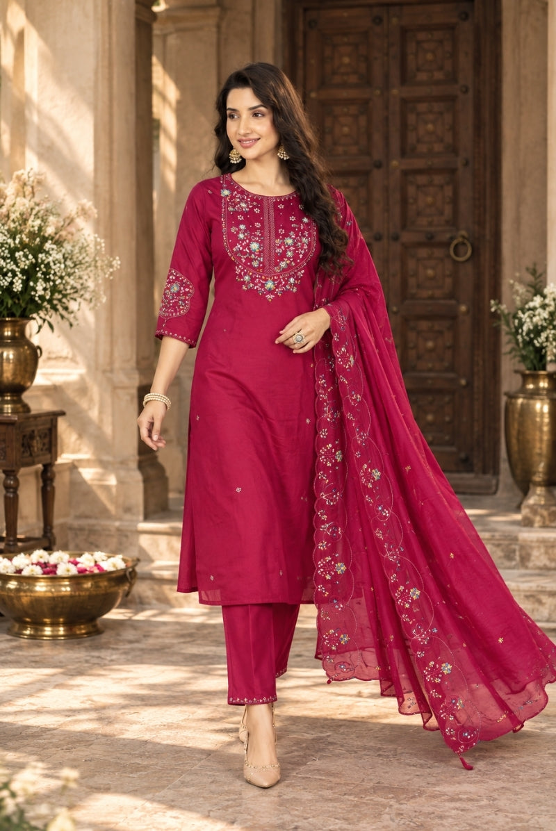 Wine Red Marina Silk Embroidered Suit Set with Dupatta