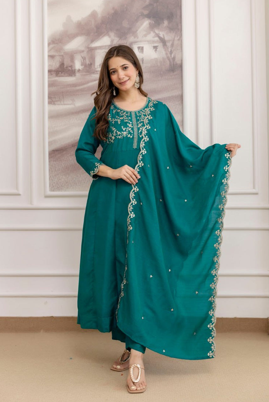 Teal Green Embroidered A-Line Kurta Set with Dupatta