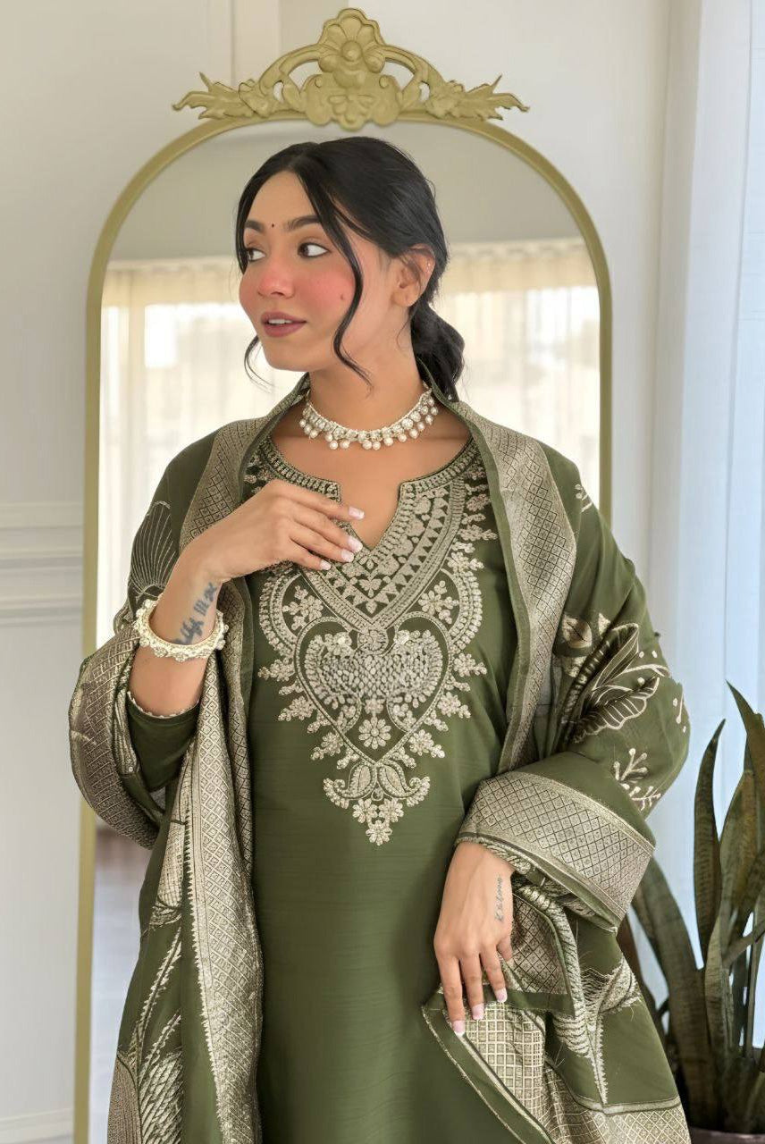 Olive Green Embroidered Kurta Pant Set with Floral Printed Dupatta
