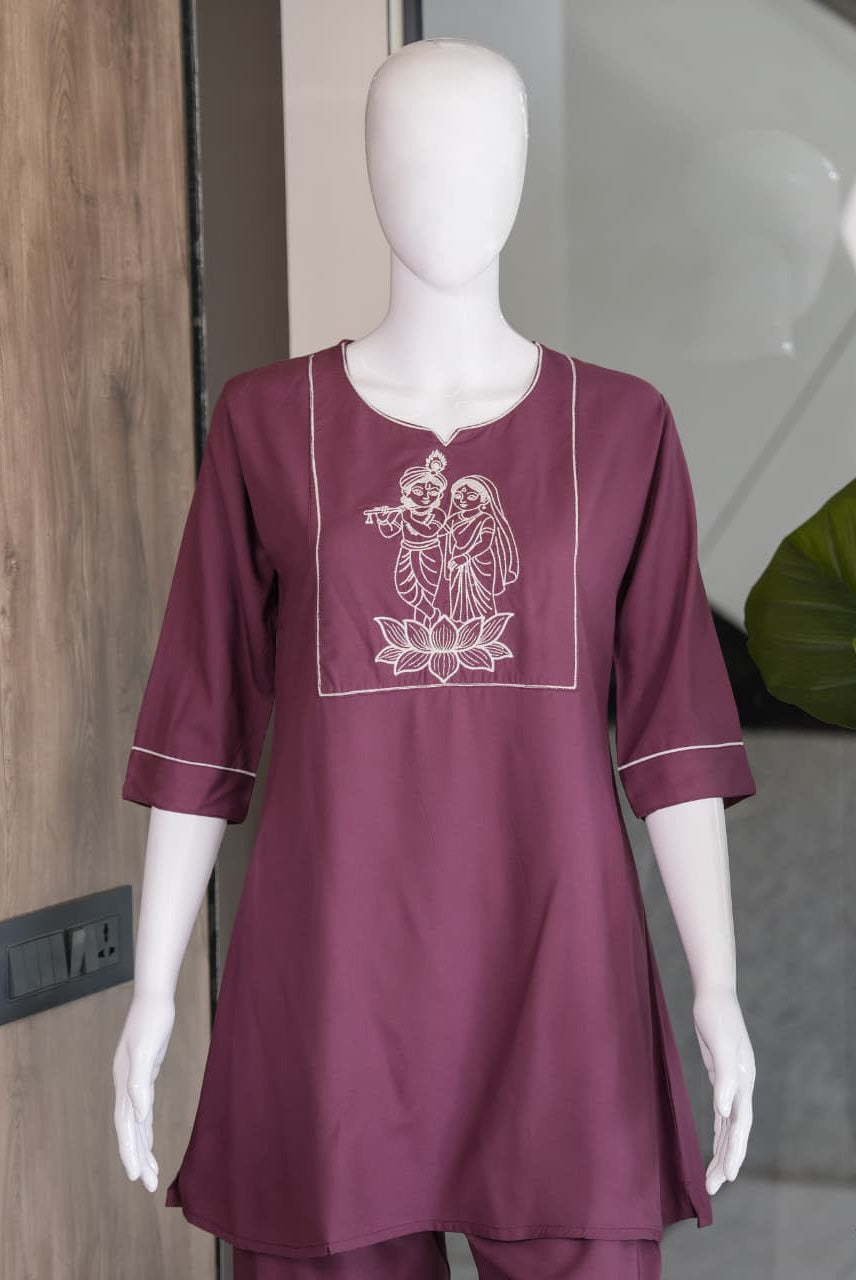 Plum Purple Embroidered Co-Ord Set for Women