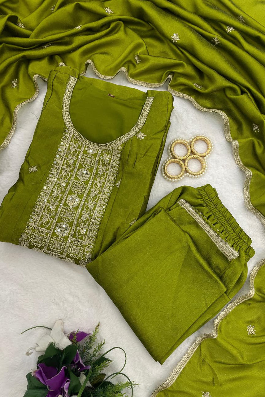 Olive Green Embroidered Kurta Set with Dupatta