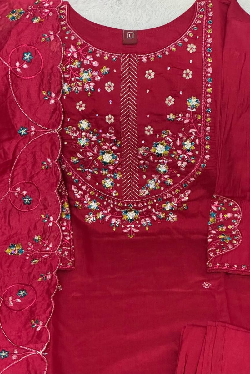Wine Red Marina Silk Embroidered Suit Set with Dupatta