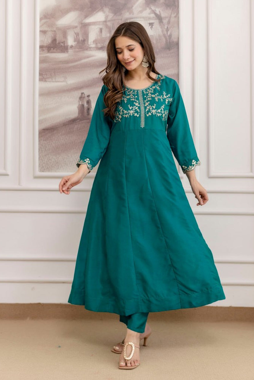 Teal Green Embroidered A-Line Kurta Set with Dupatta