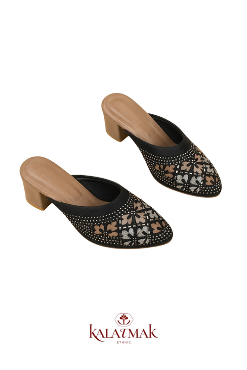 Black Floral Embellished Block Heel Mule