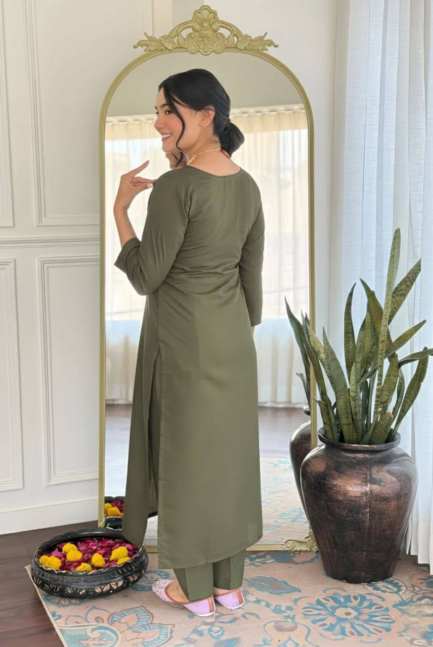 Olive Green Embroidered Kurta Pant Set with Floral Printed Dupatta