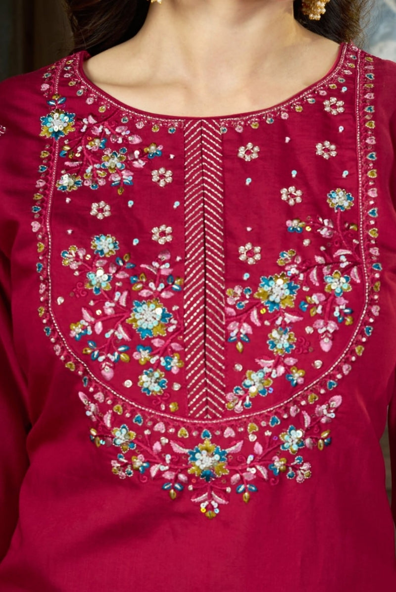 Wine Red Marina Silk Embroidered Suit Set with Dupatta