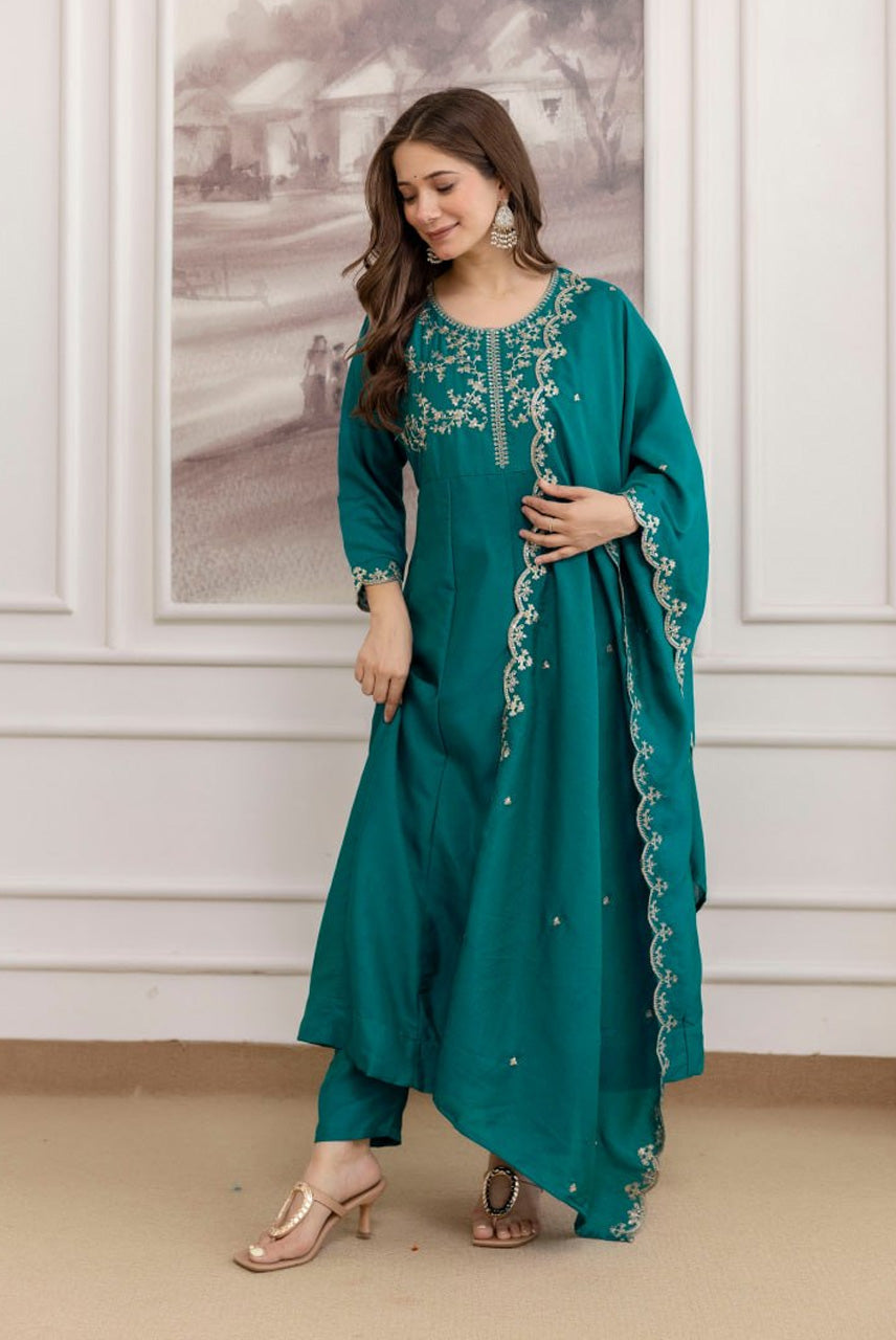 Teal Green Embroidered A-Line Kurta Set with Dupatta