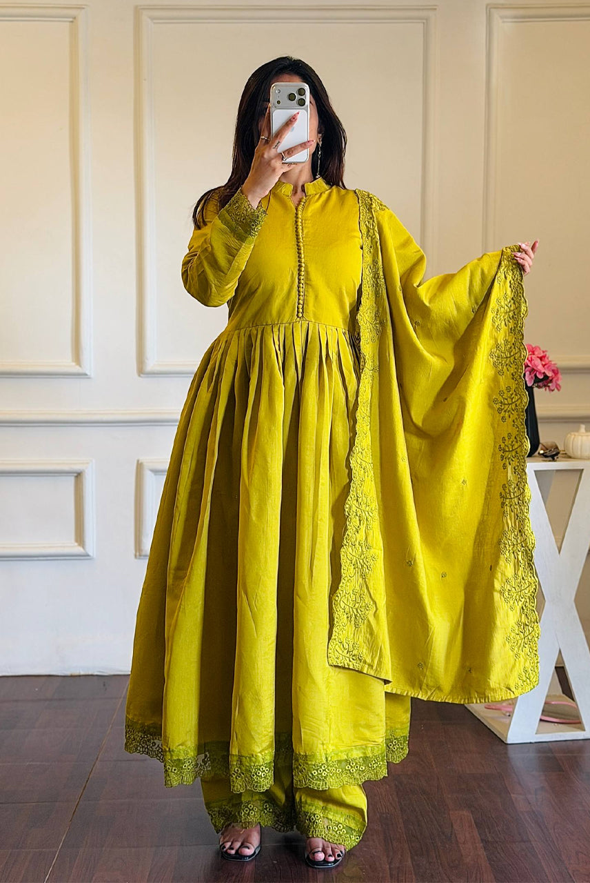 Lime Green Embroidered Anarkali Suit Set with Dupatta