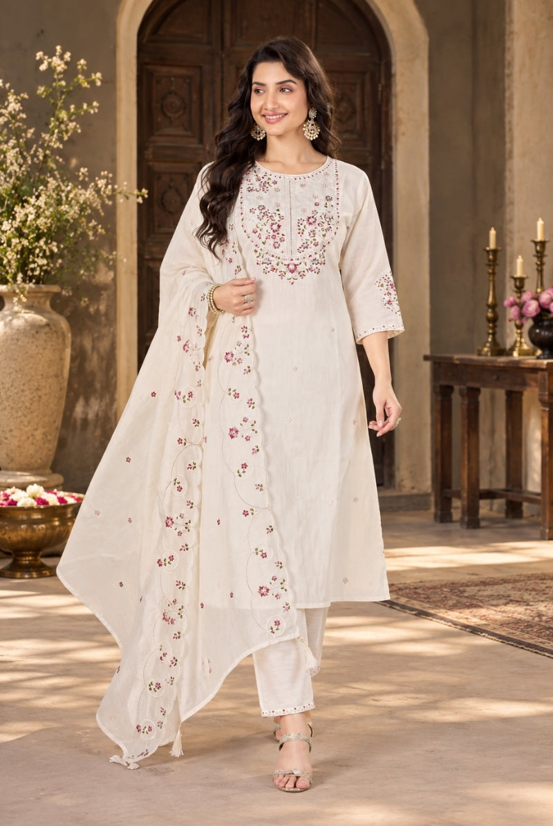 Ivory Marina Silk Embroidered Suit Set with Dupatta