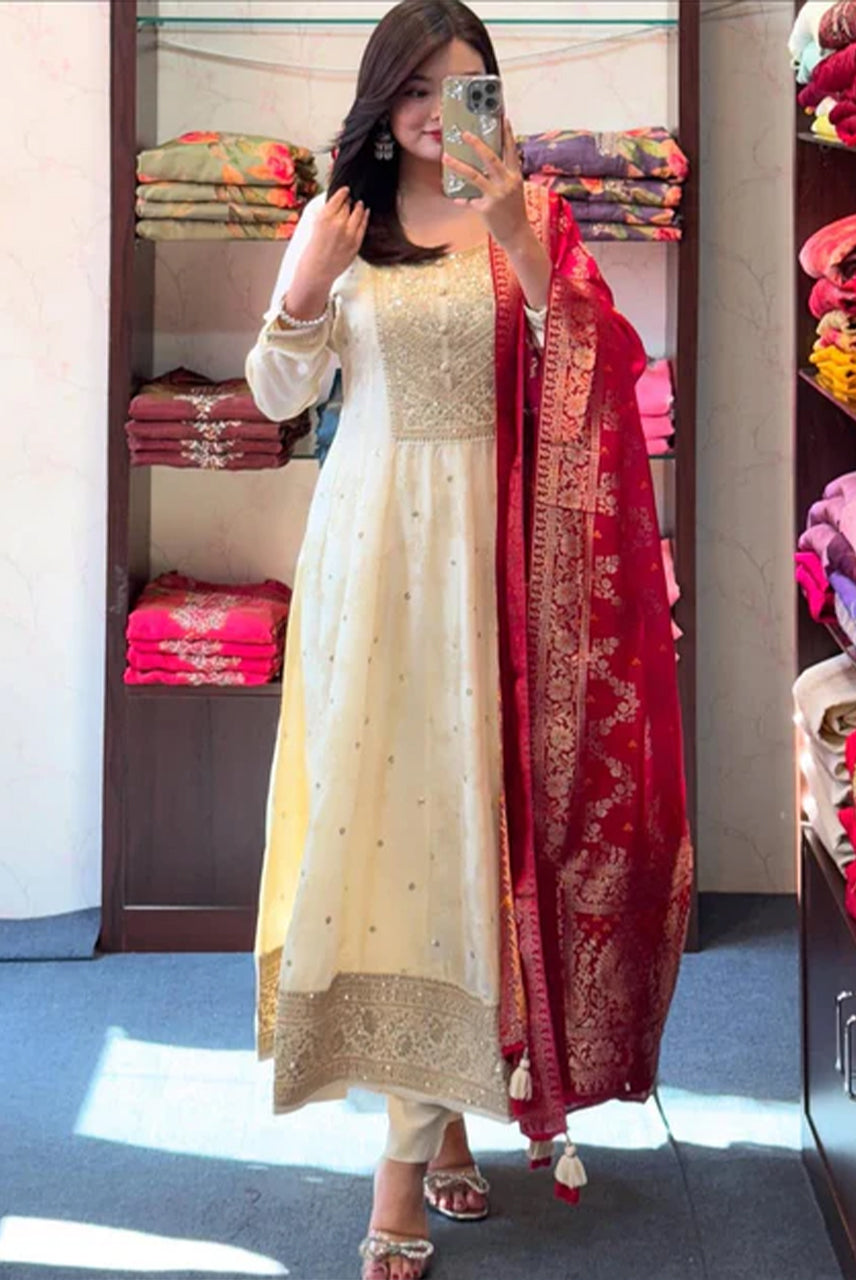 Anarkali Suit Set with Red Banarasi Dupatta