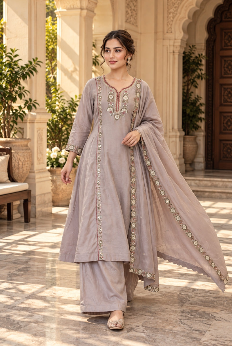 Lavender Embroidered Mal Chanderi Kurta Set with Dupatta