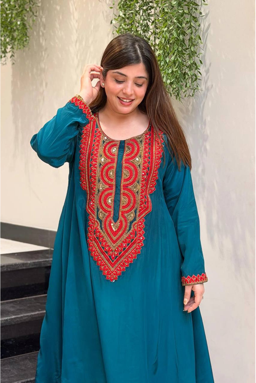 Teal Blue Embroidered Kurta Set with Palazzo
