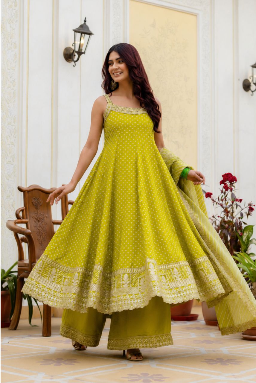 Lime Green Bandhani Vichitra Silk Embroidered Anarkali Suit Set with Leheriya Dupatta