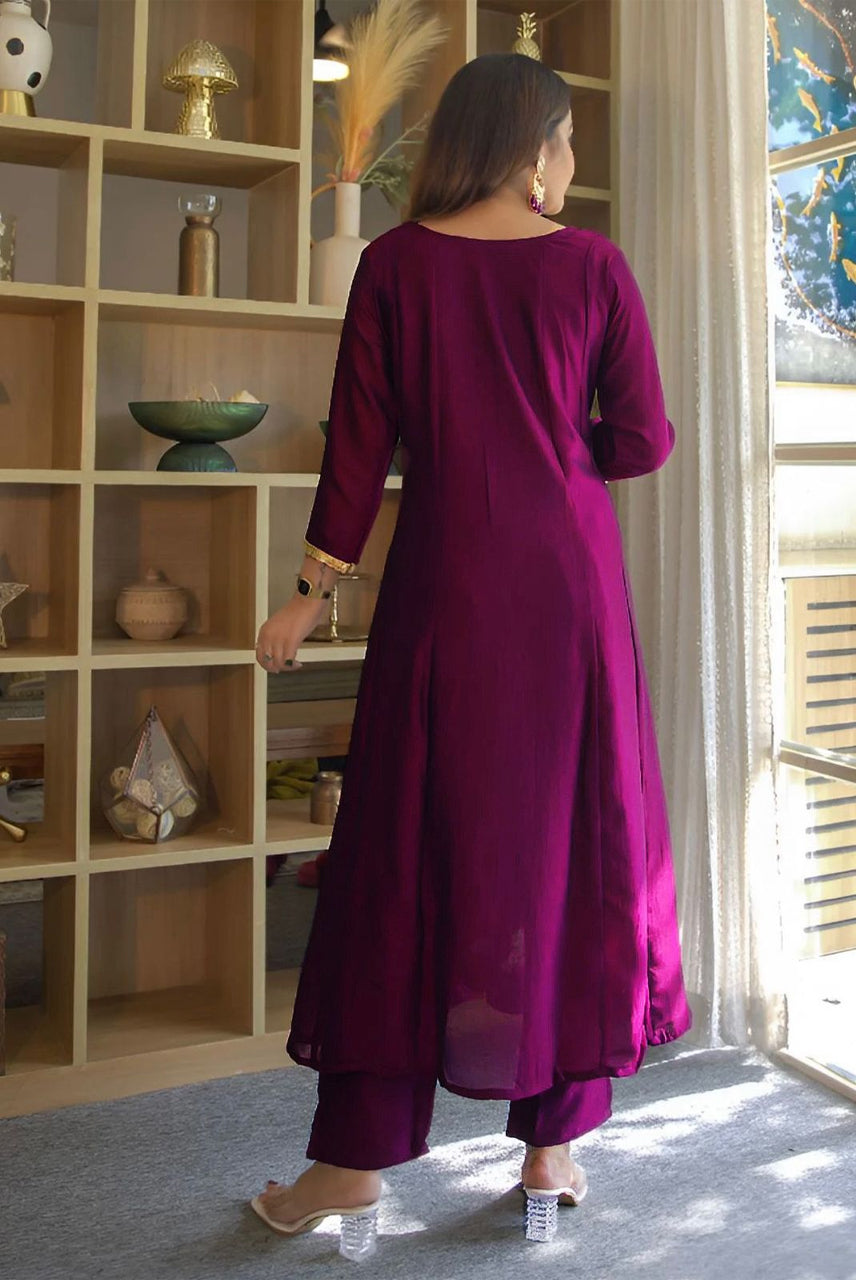 Wine Purple Embroidered Kurta Set with Dupatta