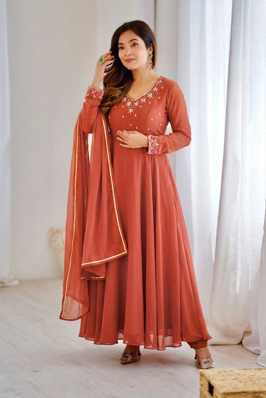 Rust Orange Embroidered Anarkali Kurta Set with Dupatta