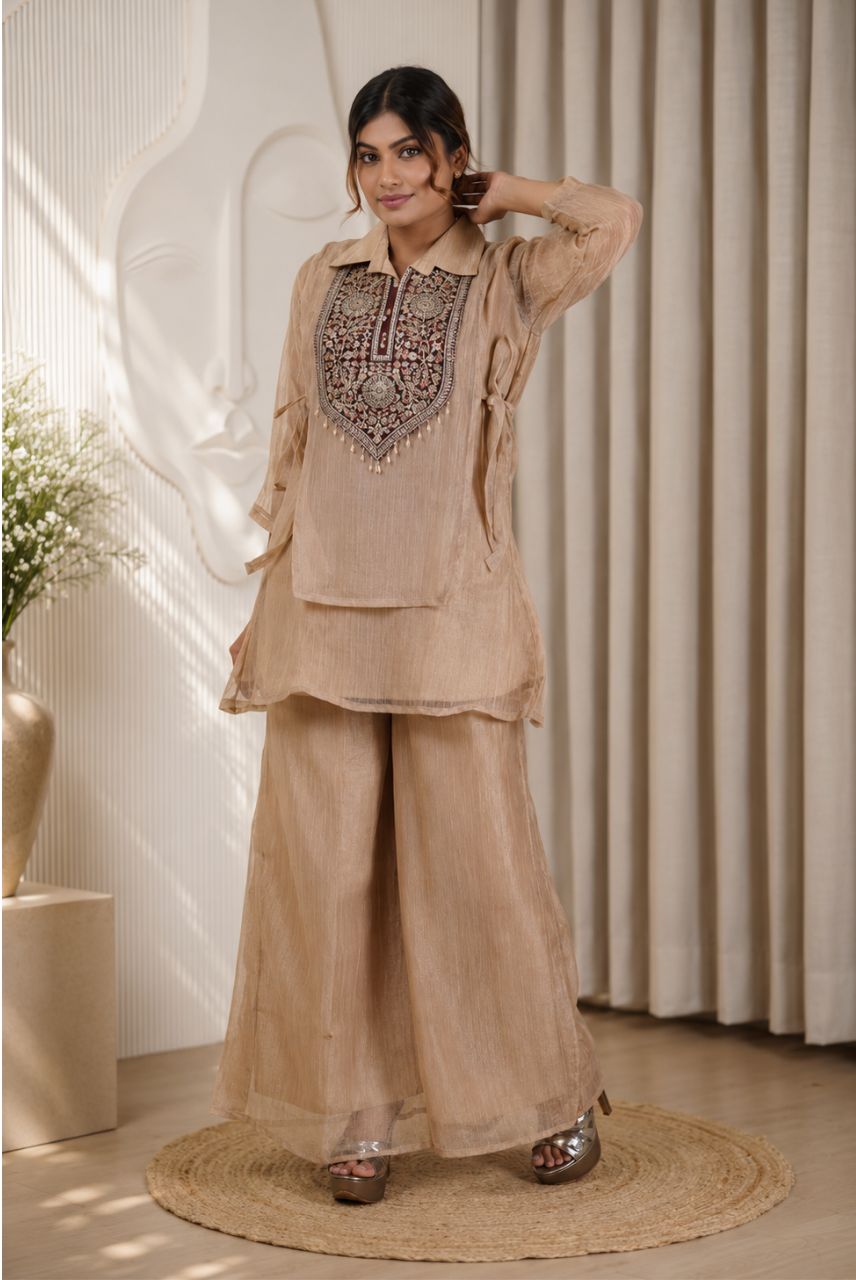 Beige Salsa Fabric Embroidered Kaftan Set with Palazzo