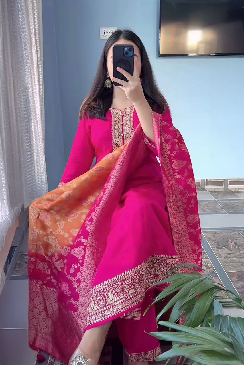 Rani Pink Festive Suit Set with Jacquard Dupatta