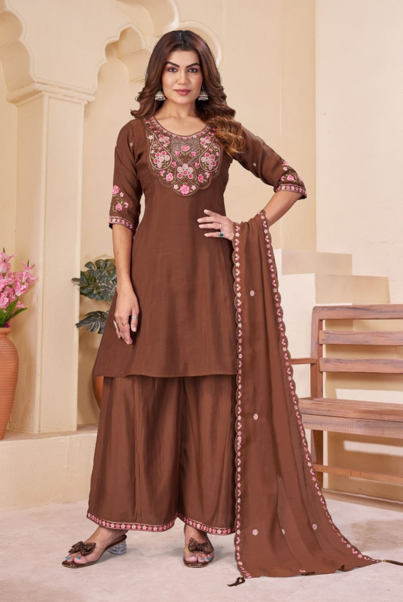 Chocolate Brown Pink Floral Embroidered Mal Chanderi Kurta Set with Dupatta